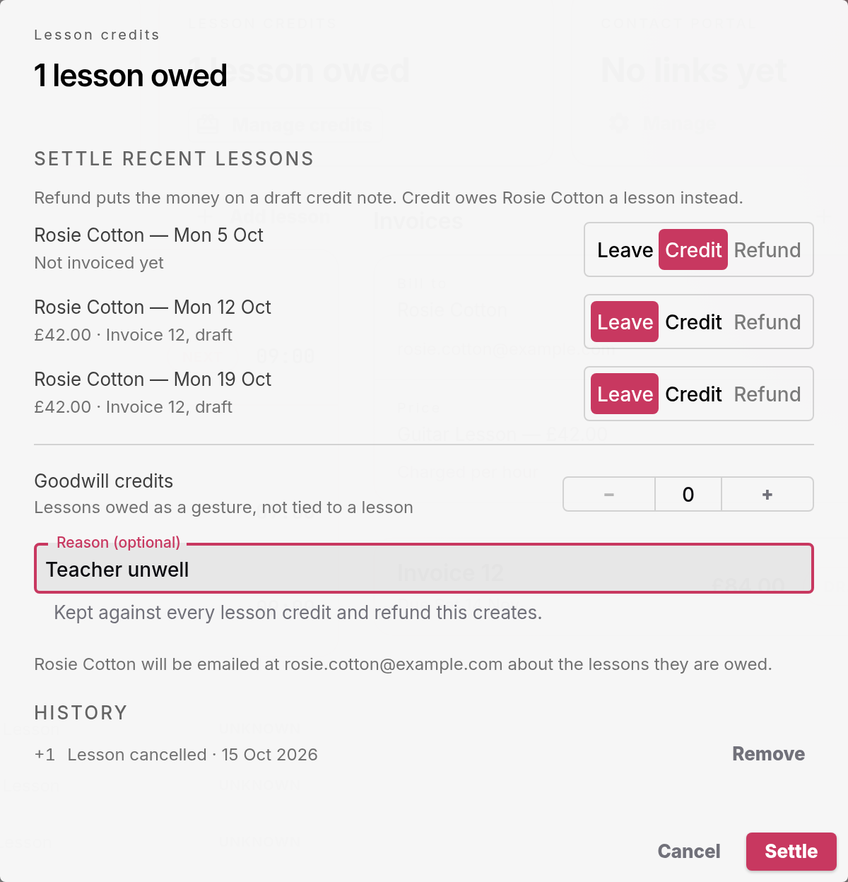 The Lesson credits dialog for Rosie Cotton with Credit chosen for one lesson