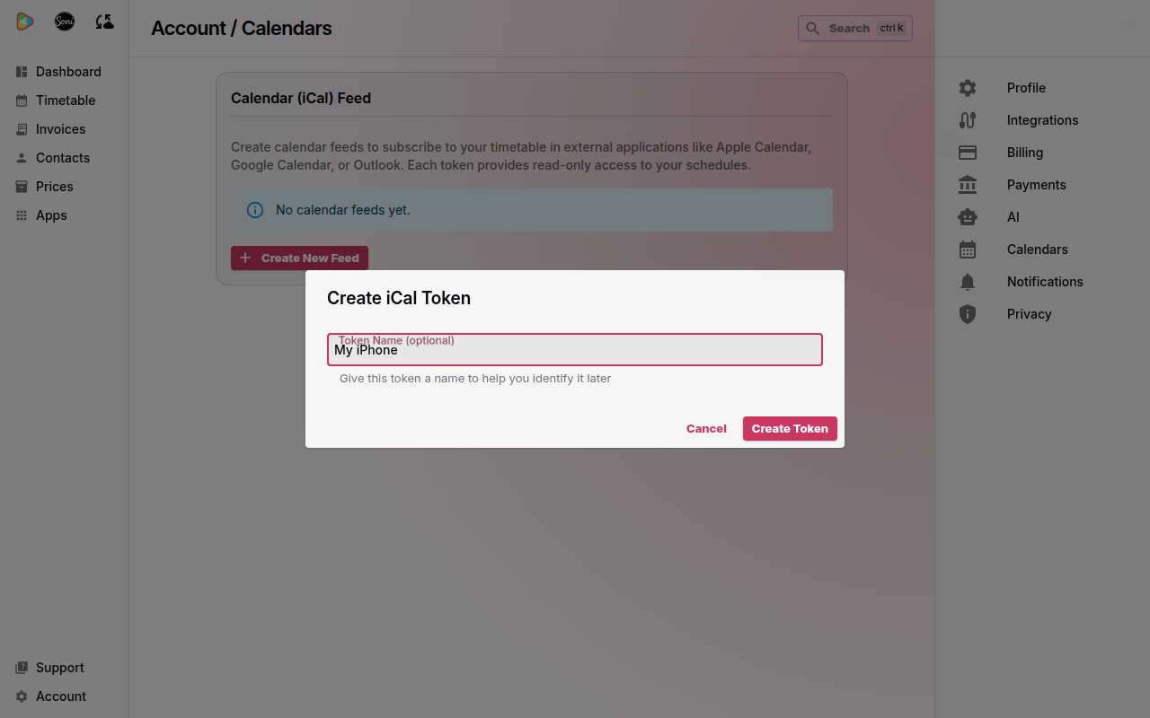 The Create iCal Token dialog with My iPhone as the token name