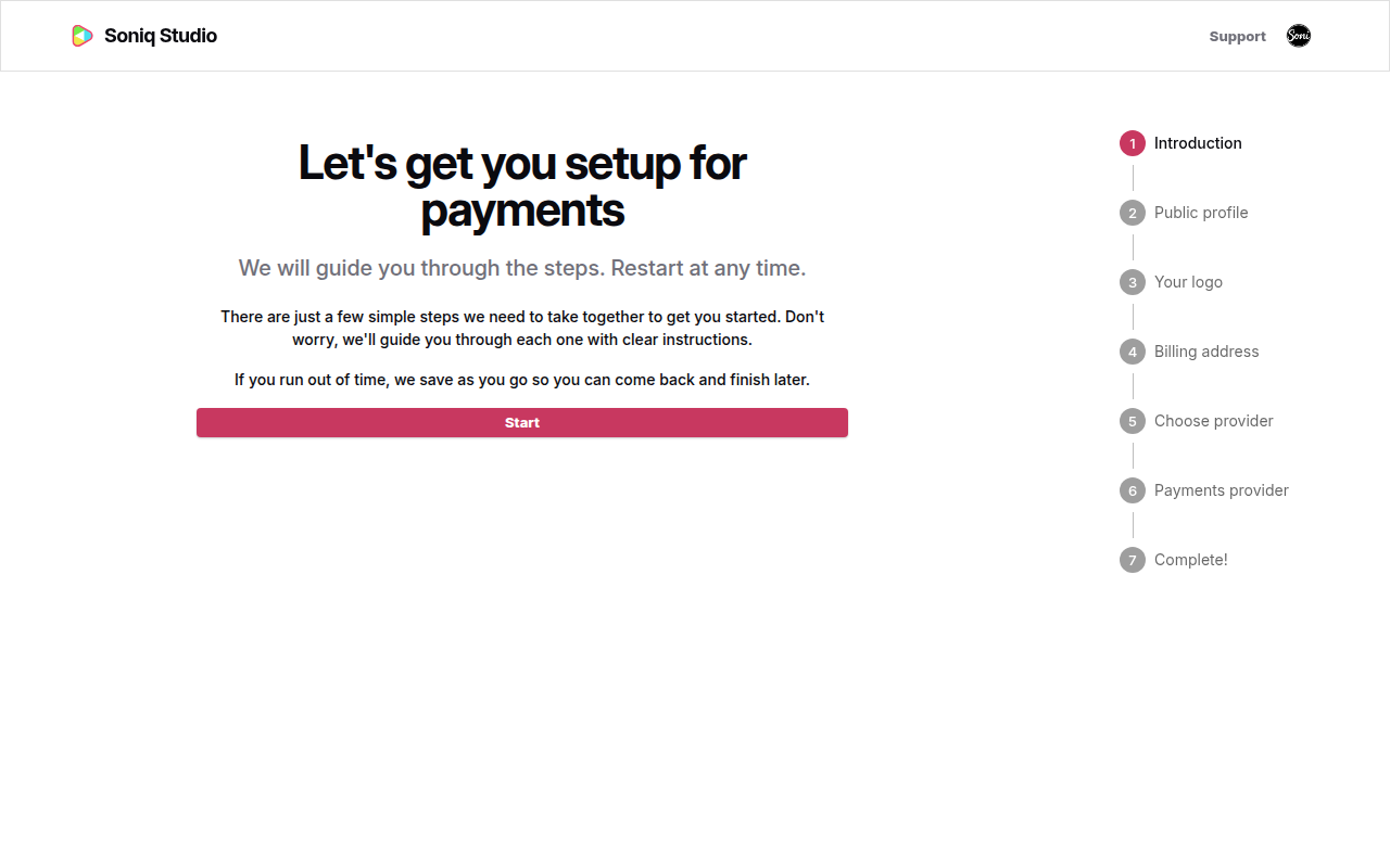 The payment setup introduction, with the Start button and the seven steps listed on the right