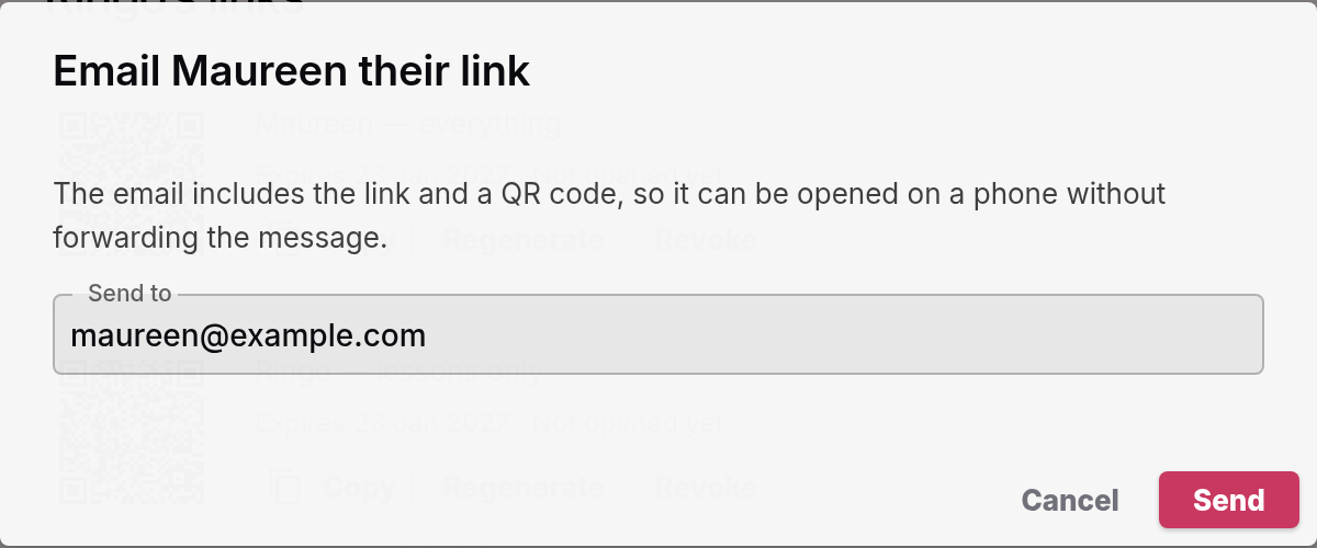 The Email Maureen their link dialog with maureen@example.com in the Send to box and a Send button