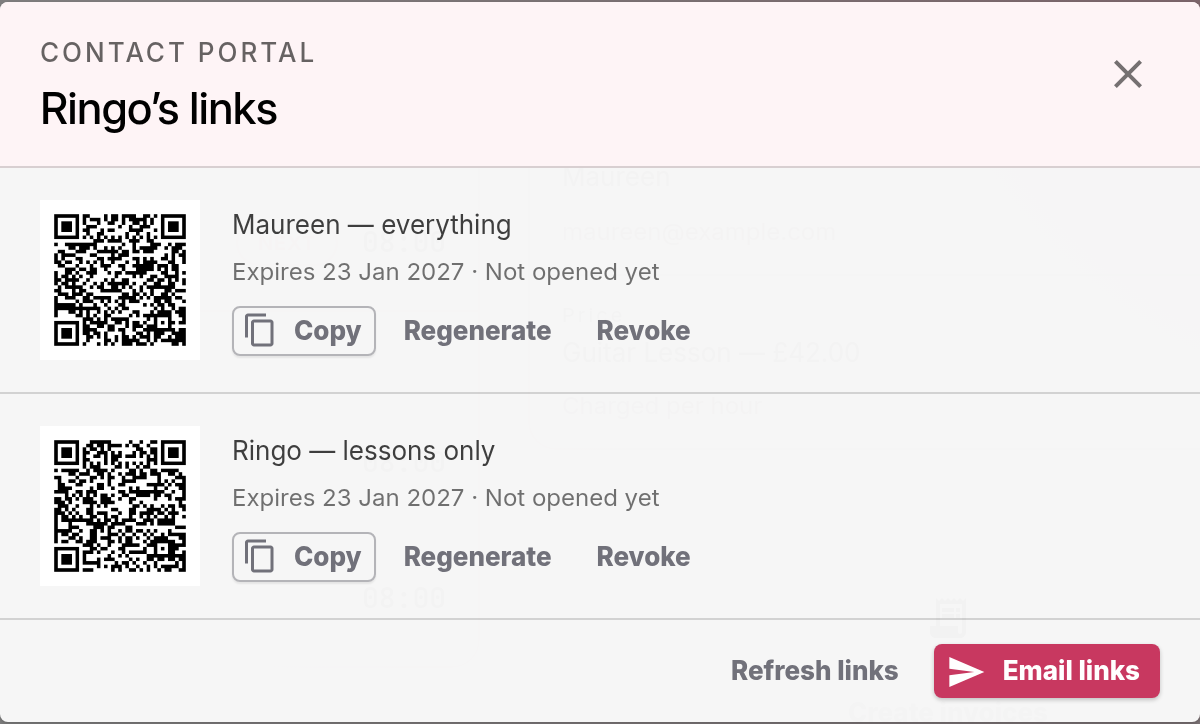 The Ringo’s links dialog listing Maureen — everything and Ringo — lessons only, each with a QR code, an expiry date, Not opened yet, and Copy, Regenerate and Revoke buttons, then Refresh links and Email links